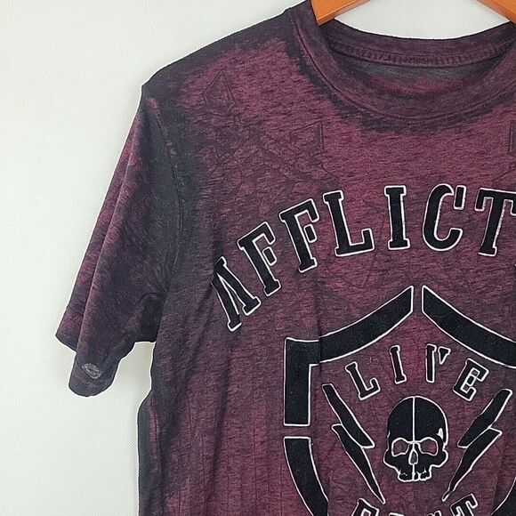 Affliction TShirt Mens Small Red Black All Over Print Burnout Crew Tee Live Fast - Picture 3 of 8